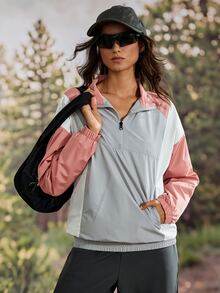 Exploreva Women's Outdoor Contrast Color Zipper Half Placket Long Sleeve Regular Jacket - Coral Pink - View 7