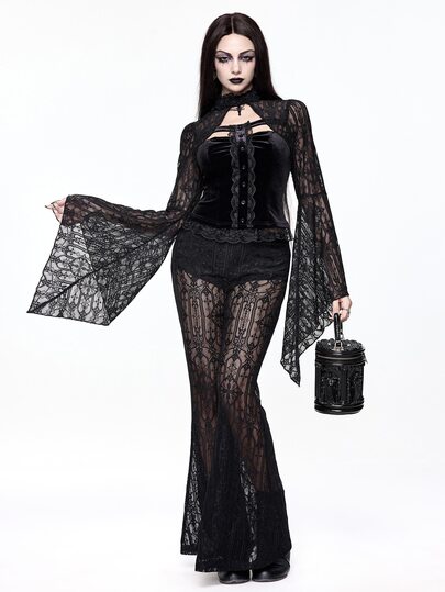 Goth Top de mujer de terciopelo con mangas acampanadas, patchwork de encaje y colgante de cruz estilo palacio, atuendo gótico oscuro de Halloween
