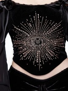 ROMWE Vintage Court Goth Eye Rhinestone Bow Tie Velvet Bustier Adjustable - Black - View 3