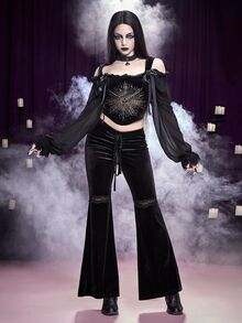 ROMWE Vintage Court Goth Eye Rhinestone Bow Tie Velvet Bustier Adjustable - Black - View 8
