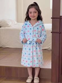 SHEIN 女童秋冬保暖內裡加厚雙面珊瑚絨甜心印花蝴蝶結連帽睡袍 淺藍色 - 藍色 - 查看 7