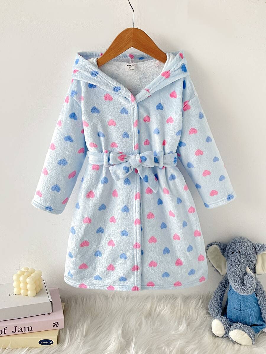 SHEIN 女童秋冬保暖內裡加厚雙面珊瑚絨甜心印花蝴蝶結連帽睡袍 淺藍色 - 藍色 - 查看 1