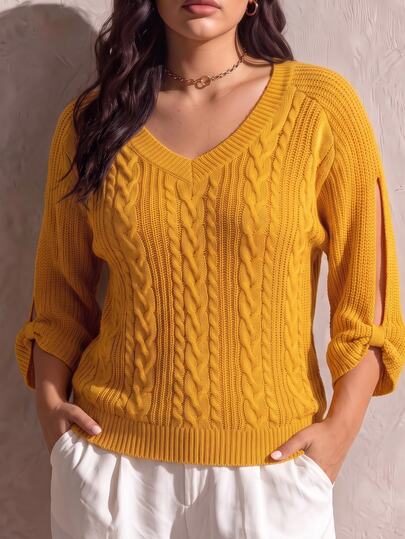 SHEIN Clasi CURVE European And American Vintage Cable Knit Sweater With Hollow Sleeve Knot Design, V-Neck Loose Fit Flattering Plus Size Long Sleeve Top Winter
