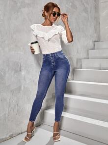 EURMUSE Cotton Button Fly Slant Pocket Casual Streetwear Skinny Jeans Date Night Everyday Navy Blue Autumn - Baby Blue - View 8