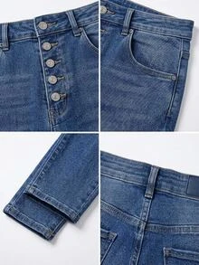 EURMUSE Cotton Button Fly Slant Pocket Casual Streetwear Skinny Jeans Date Night Everyday Navy Blue Autumn - Baby Blue - View 7