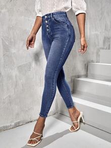 EURMUSE Cotton Button Fly Slant Pocket Casual Streetwear Skinny Jeans Date Night Everyday Navy Blue Autumn - Baby Blue - View 1