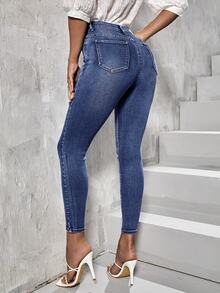 EURMUSE Cotton Button Fly Slant Pocket Casual Streetwear Skinny Jeans Date Night Everyday Navy Blue Autumn - Baby Blue - View 2