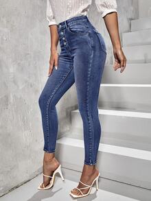 EURMUSE Cotton Button Fly Slant Pocket Casual Streetwear Skinny Jeans Date Night Everyday Navy Blue Autumn - Baby Blue - View 5