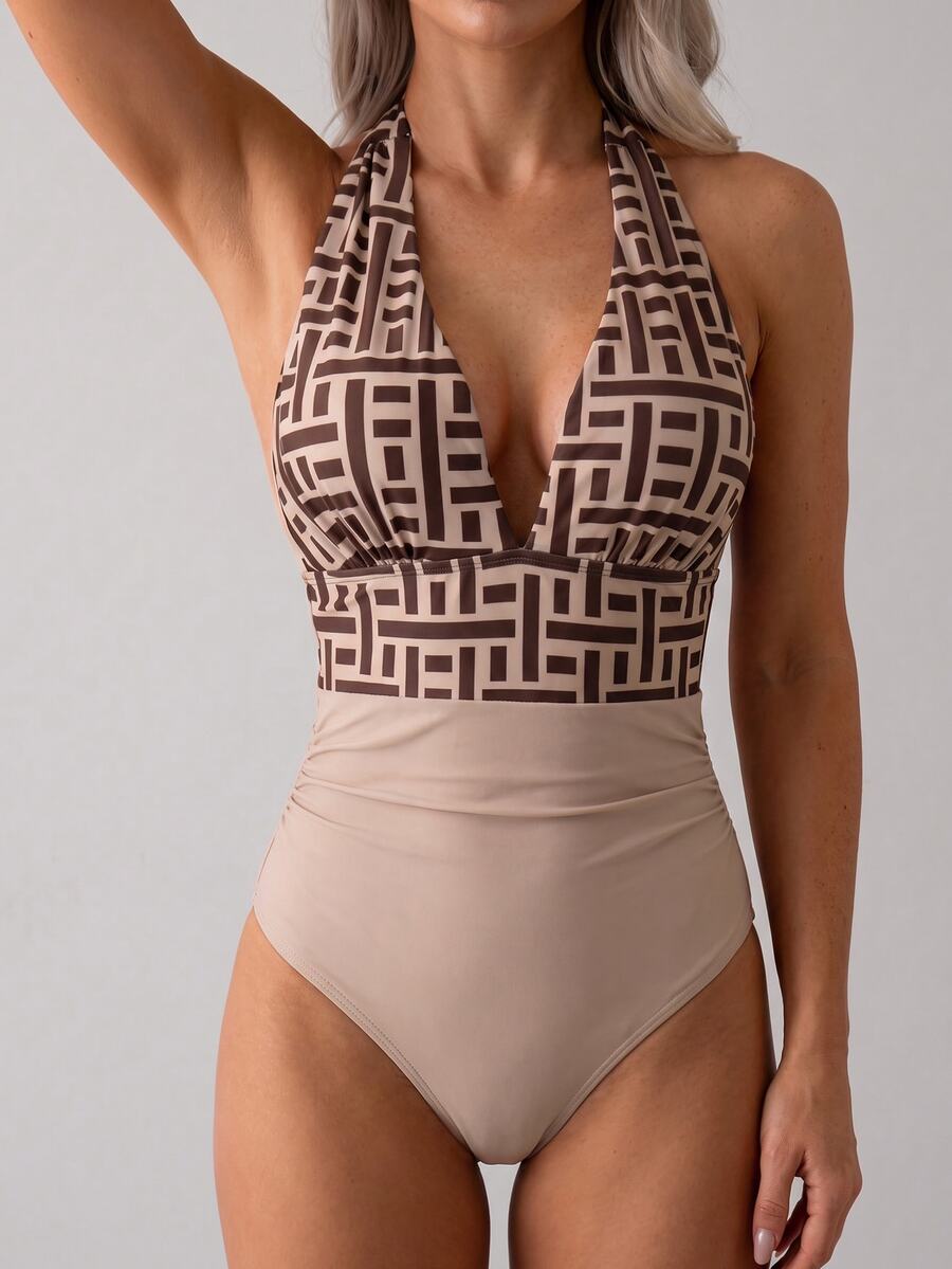 Swim Chiccia Women's Brown Geometric Pattern Backless Deep V-Neck Ruched One-Piece Swimsuit