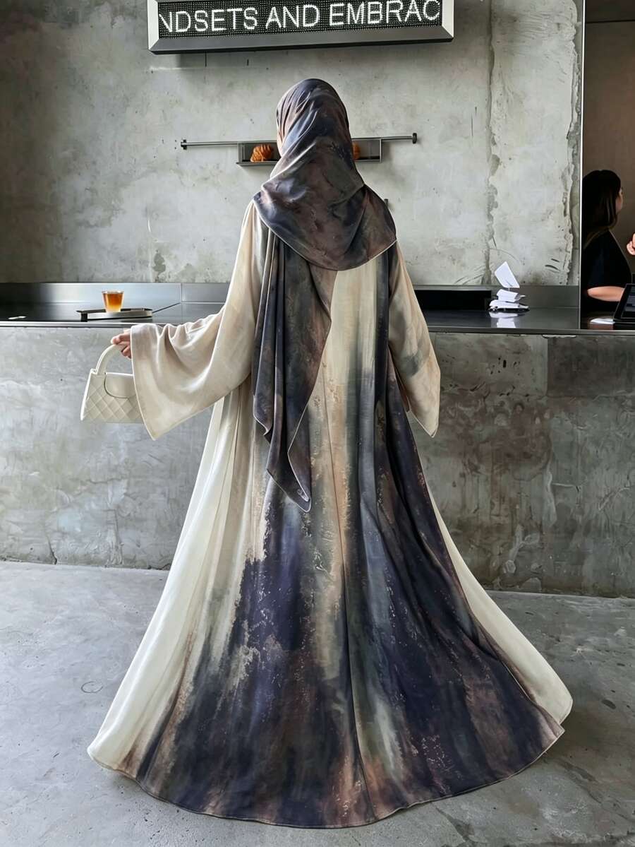 Yasveil Women's Printed Casual Elegant Loose Long Robe With Headscarf - Light Grey - View 1