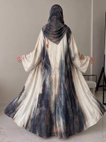 Yasveil Women's Printed Casual Elegant Loose Long Robe With Headscarf - Light Grey - View 6