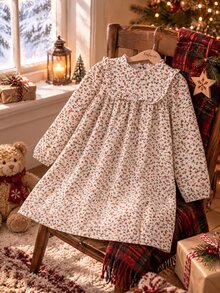 SHEIN Vintaside Kids Tween Girls Autumn Cotton Dress Ditsy Floral Digital Print Ruffled Collar Long Sleeve Cottagecore - Multicolor - View 3
