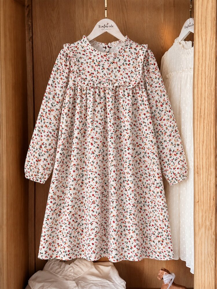 SHEIN Vintaside Kids Tween Girls Autumn Cotton Dress Ditsy Floral Digital Print Ruffled Collar Long Sleeve Cottagecore - Multicolor - View 4