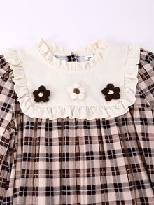 Tween Girls Autumn Cotton Plaid Dress Colorblock Ruffle Collar Flower Decor Digital Print Outfits - Multicolor - View 7