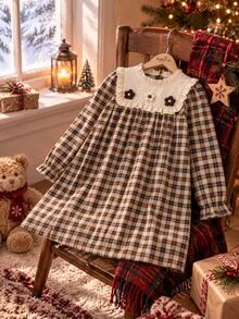 Tween Girls Autumn Cotton Plaid Dress Colorblock Ruffle Collar Flower Decor Digital Print Outfits - Multicolor - View 1