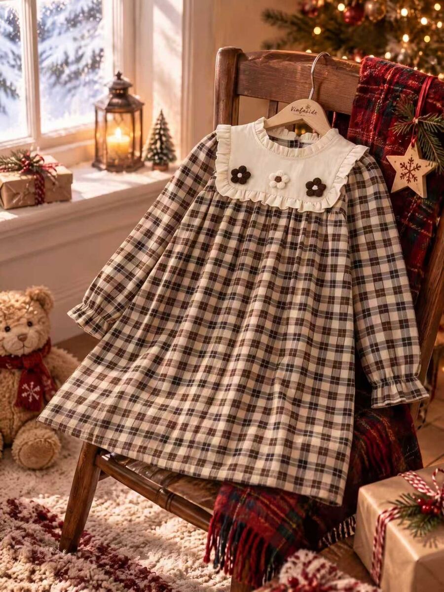 Tween Girls Autumn Cotton Plaid Dress Colorblock Ruffle Collar Flower Decor Digital Print Outfits - Multicolor - View 1