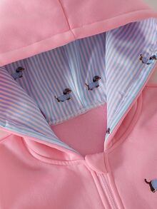SHEIN Sparklyn 青少年女孩休閒酷女孩度假可愛校外校園針織小狗圖案粉色連帽拉鍊口袋長袖外套萬聖節聖誕節 - 粉色 - 查看 6