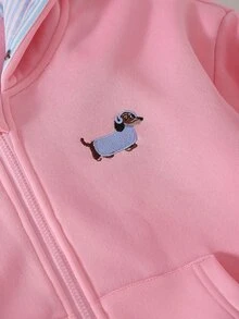 SHEIN Sparklyn 青少年女孩休閒酷女孩度假可愛校外校園針織小狗圖案粉色連帽拉鍊口袋長袖外套萬聖節聖誕節 - 粉色 - 查看 8