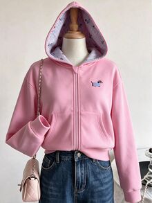 SHEIN Sparklyn 青少年女孩休閒酷女孩度假可愛校外校園針織小狗圖案粉色連帽拉鍊口袋長袖外套萬聖節聖誕節 - 粉色 - 查看 5