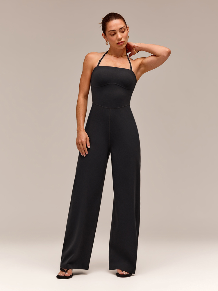 GLOWMODE 31" Quick-Dry Glow Motion Wide Leg Halter Anti-Slip Jumpsuit With Detachable Adjustable Shoulder Straps Removable Cups Low Impact Daily Casual Wear - Black - View 7