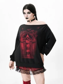 ROMWE Street Life Halloween Church Pattern Asymmetrical Shoulder Plus Size Sweatshirt - Black - View 4