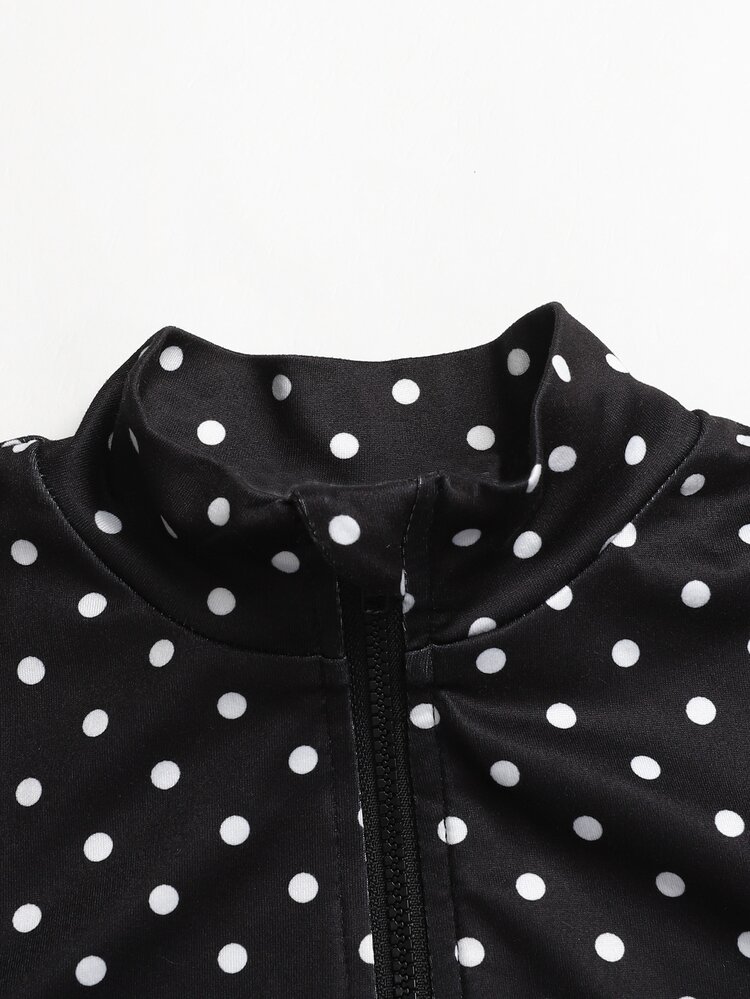 SHEIN Tween Girl Tween Girls Tween Girl 3pcs Set: Knitted Black Polka Dot Long Sleeve Zip-Up Jacket, Vest, And Cycling Leggings - Black and White - View 5