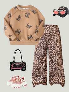 Young Girls Sweatshirt Set, Khaki Color, Hoodie + Jogger Pants Two Pieces Set, Loose Fit, Warm For Autumn/Winter, Casual, Fleece Lined, Winter, Autumn, Comfortable, Daily Wear, Zipper, Leopard Print - Brown - View 5