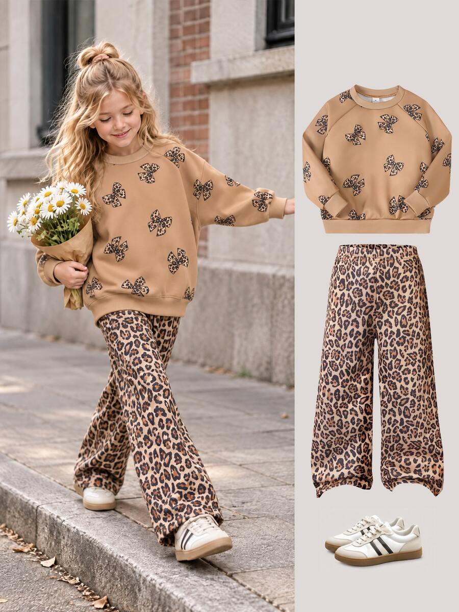 Young Girls Sweatshirt Set, Khaki Color, Hoodie + Jogger Pants Two Pieces Set, Loose Fit, Warm For Autumn/Winter, Casual, Fleece Lined, Winter, Autumn, Comfortable, Daily Wear, Zipper, Leopard Print - Brown - View 1