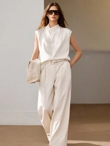 Anewsta Essential Solid Draped Collar Top Office Corporate Cream White Summer Elegant Minimalist - Apricot - View 7