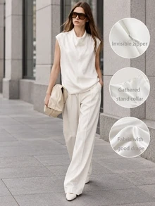 Anewsta Essential Solid Draped Collar Top Office Corporate Cream White Summer Elegant Minimalist - Apricot - View 1