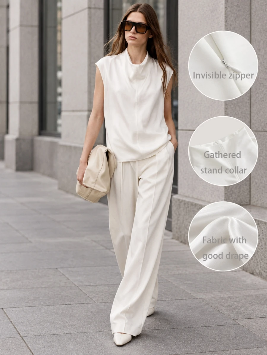Anewsta Essential Solid Draped Collar Top Office Corporate Cream White Summer Elegant Minimalist - Apricot - View 1