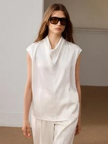 Anewsta Essential Solid Draped Collar Top Office Corporate Cream White Summer Elegant Minimalist - Apricot - View 8