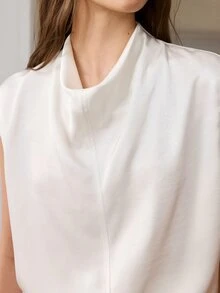 Anewsta Essential Solid Draped Collar Top Office Corporate Cream White Summer Elegant Minimalist - Apricot - View 5