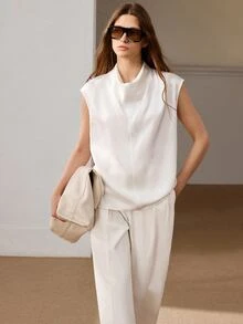 Anewsta Essential Solid Draped Collar Top Office Corporate Cream White Summer Elegant Minimalist - Apricot - View 6