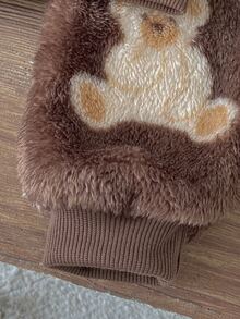 SHEIN 2pcs Toddler Boy Ribbed Sweatshirt Pants Cute Sweet Brown Bear Patch Fuzzy Plush Fleece Long Sleeve Round Neck Thick Holiday Winter Sweaters Fall Hem - Brown - View 6