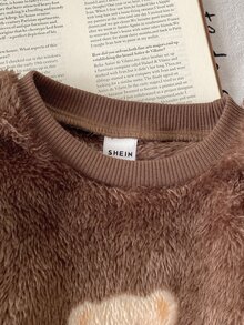 SHEIN 2pcs Toddler Boy Ribbed Sweatshirt Pants Cute Sweet Brown Bear Patch Fuzzy Plush Fleece Long Sleeve Round Neck Thick Holiday Winter Sweaters Fall Hem - Brown - View 5