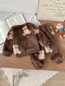 SHEIN 2pcs Toddler Boy Ribbed Sweatshirt Pants Cute Sweet Brown Bear Patch Fuzzy Plush Fleece Long Sleeve Round Neck Thick Holiday Winter Sweaters Fall Hem - Brown - View 2