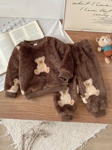 SHEIN 2pcs Toddler Boy Ribbed Sweatshirt Pants Cute Sweet Brown Bear Patch Fuzzy Plush Fleece Long Sleeve Round Neck Thick Holiday Winter Sweaters Fall Hem - Brown - View 4