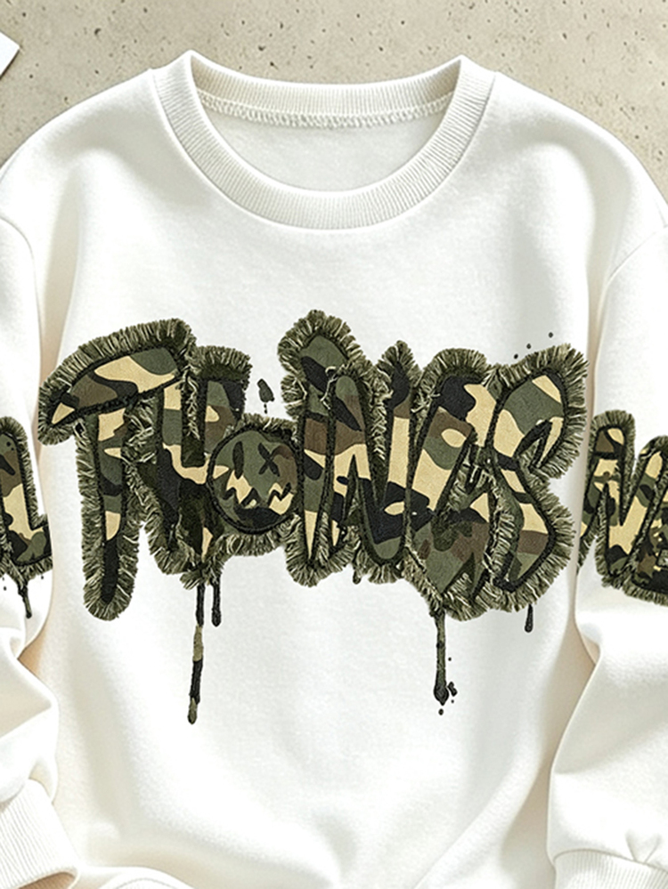 2pcs/Set Young Boy Round Neck Sweatshirt Top & Camouflage Cargo Pants Outfit, Camouflage Print Set, Long Sleeve Top Street Style, Suitable For Holiday Party, Casual & Comfortable, Spring/Summer/Autumn Wear, Soft & Comfortable, First Choice For Baby Boy, Fashion Casual Outfit - White - View 5