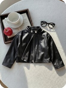 SHEIN 女嬰街頭風百搭黑色長袖秋季外套 - 黑色 - 查看 4