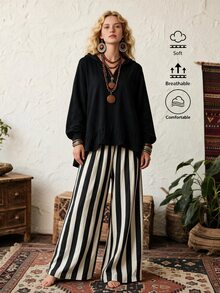Women's Black White Vertical Striped Jogger Lantern Pants + Hooded Loose Sweatshirt 2 Pieces Set Formal Holiday Autumn Casual Granny - Black - View 4