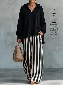 Women's Black White Vertical Striped Jogger Lantern Pants + Hooded Loose Sweatshirt 2 Pieces Set Formal Holiday Autumn Casual Granny - Black - View 5