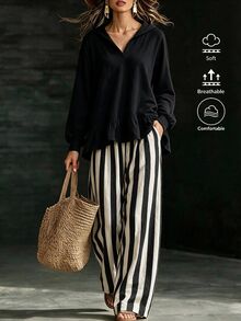 Women's Black White Vertical Striped Jogger Lantern Pants + Hooded Loose Sweatshirt 2 Pieces Set Formal Holiday Autumn Casual Granny - Black - View 8