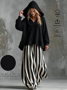 Women's Black White Vertical Striped Jogger Lantern Pants + Hooded Loose Sweatshirt 2 Pieces Set Formal Holiday Autumn Casual Granny - Black - View 3