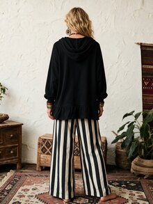 Women's Black White Vertical Striped Jogger Lantern Pants + Hooded Loose Sweatshirt 2 Pieces Set Formal Holiday Autumn Casual Granny - Black - View 2
