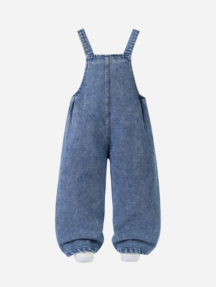 Genkimix Kids Young Girls' Western Cowgirl Baby Blue Denim Bib Pants, Heart Embroidery, Bow Decor, Loose Straight Leg, Summer - Medium Wash - View 3