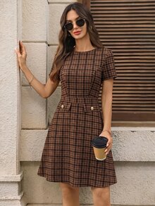EMERY ROSE فساتين قصيرة للنساء للمكتب والغداء الأسود والبيج بنمط مربعات أنيق وراقي - بني - مشاهدة 7