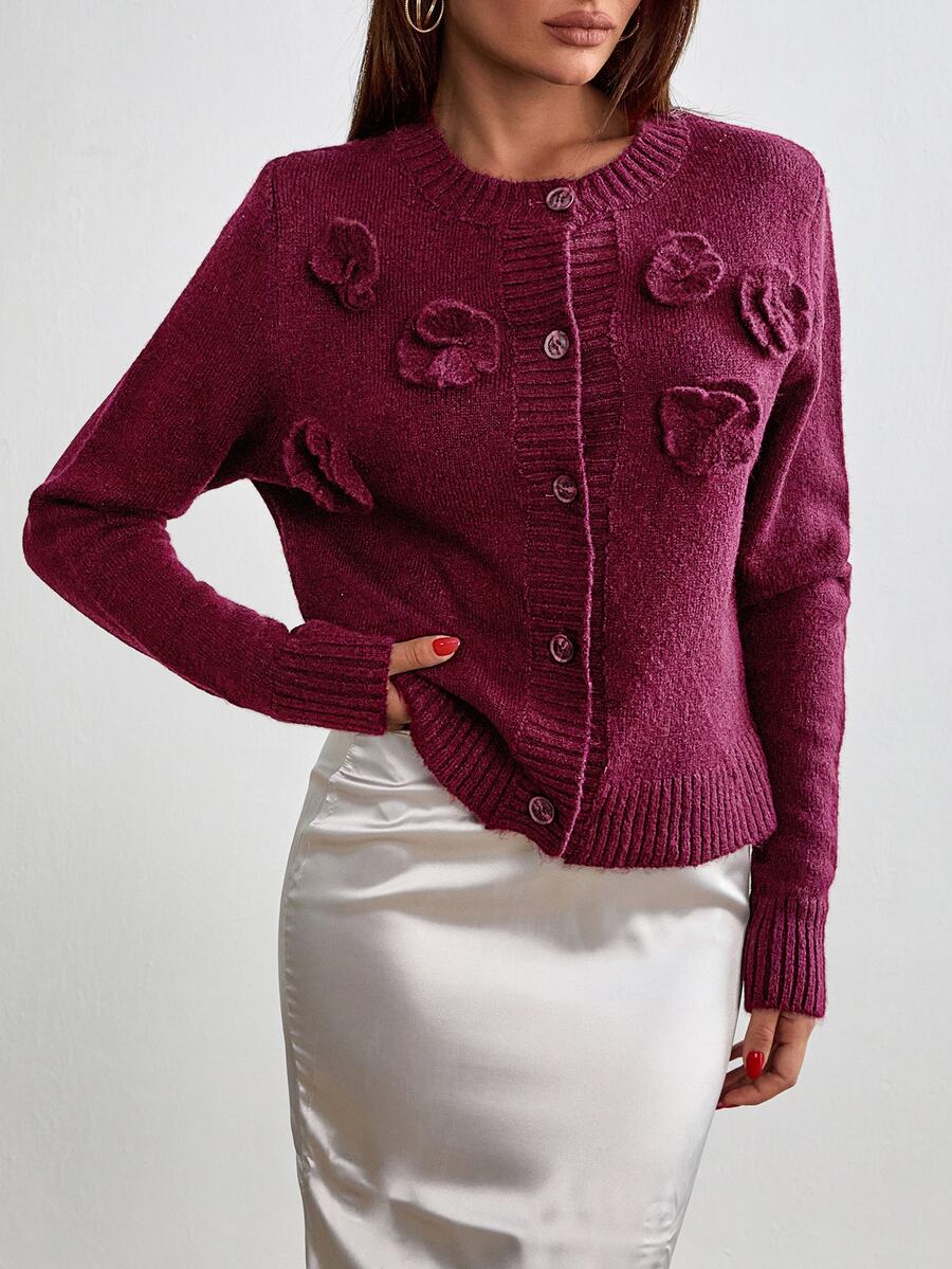RueChic Textured Floral Appliques Button-Up Cardigan With Fuzzy Knit Brunch Burgundy Fall /Wanter Romantic Elegant - Burgundy - View 1