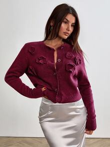 RueChic كارديجان بأزرار مع تطبيقات زهرية منسوجة بملمس بارز وحياكة ناعمة، لون برغندي، مناسب للبرانش، خريفي/شتوي، رومانسي وأنيق - عنابي اللون - مشاهدة 5