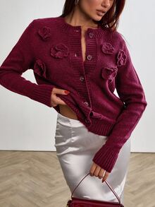 RueChic كارديجان بأزرار مع تطبيقات زهرية منسوجة بملمس بارز وحياكة ناعمة، لون برغندي، مناسب للبرانش، خريفي/شتوي، رومانسي وأنيق - عنابي اللون - مشاهدة 6